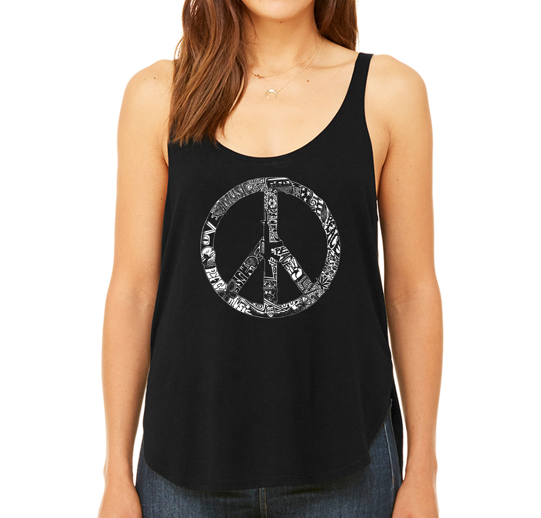 PEACE, LOVE, & MUSIC - Women's Word Art Flowy Tank