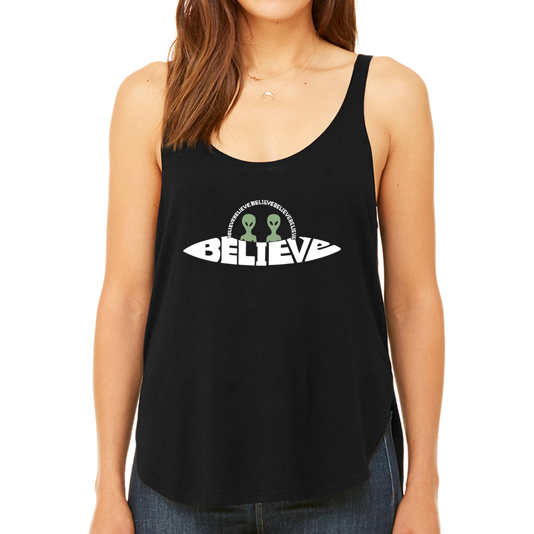 Believe UFO - Women's Premium Word Art Flowy Tank Top