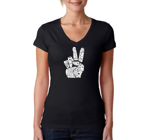 PEACE FINGERS - Women's Word Art V-Neck T-Shirt