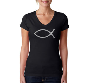 JESUS FISH - Women's Word Art V-Neck T-Shirt
