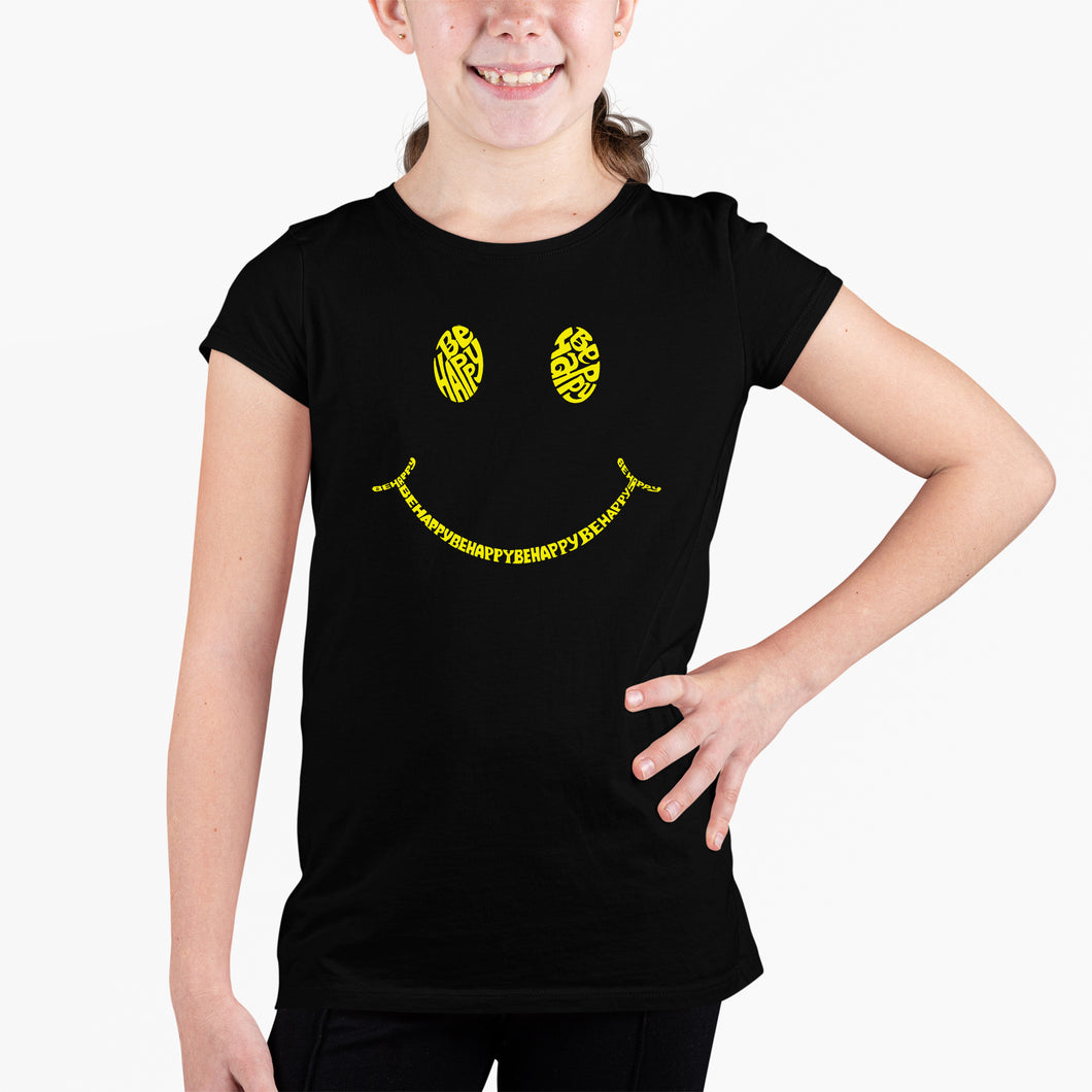 Be Happy Smiley Face  - Girl's Word Art T-Shirt
