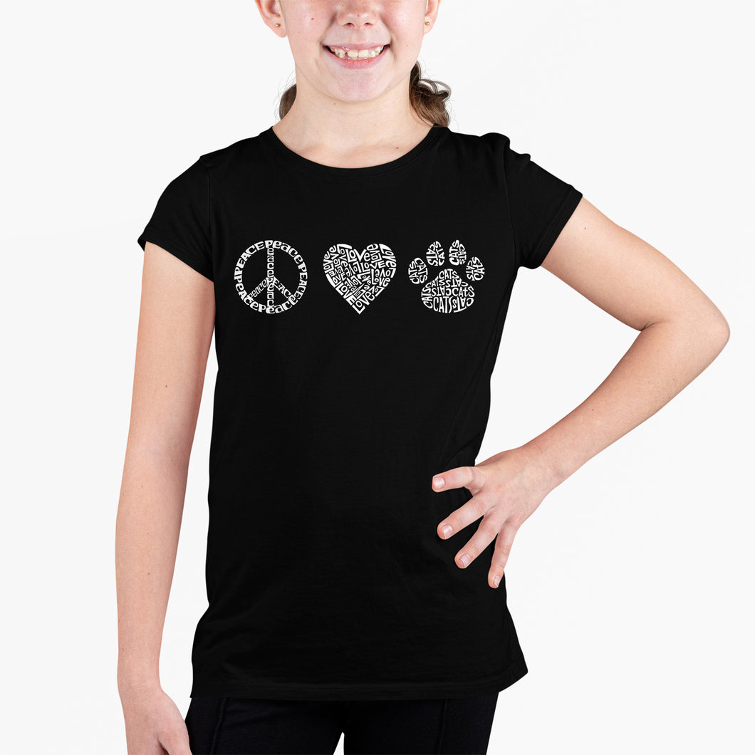 Peace Love Cats  - Girl's Word Art T-Shirt