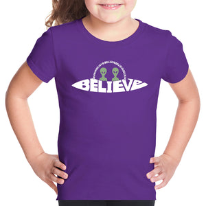 Believe UFO - Girl's Word Art T-Shirt