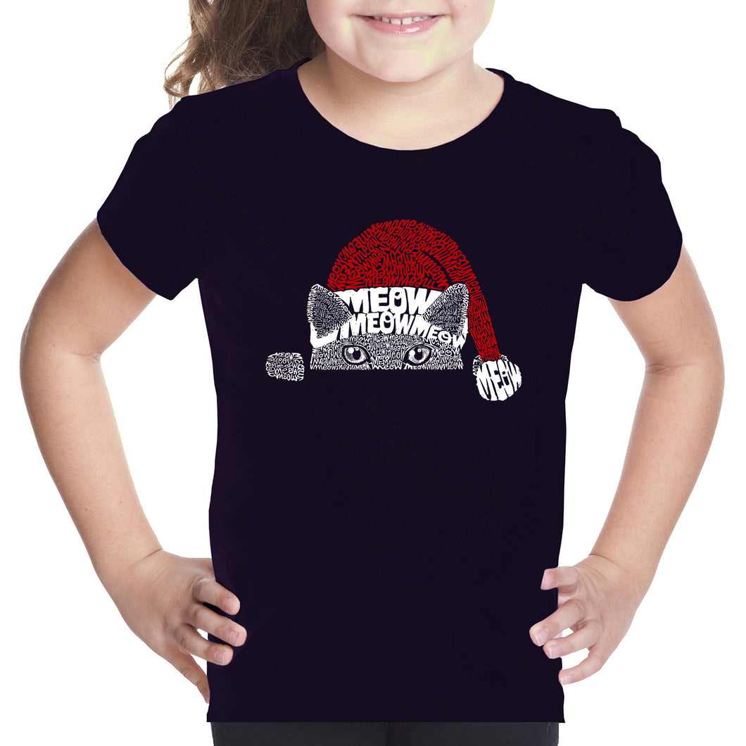 Christmas Peeking Cat - Girl's Word Art T-Shirt