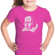 Load image into Gallery viewer, THE TITLES OF ALL OF WILLIAM SHAKESPEARE&#39;S COMEDIES &amp; TRAGEDIES - Girl&#39;s Word Art T-Shirt