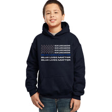 Load image into Gallery viewer, LA Pop Art Boy&#39;s Word Art Hooded Sweatshirt - Blue Lives Matter