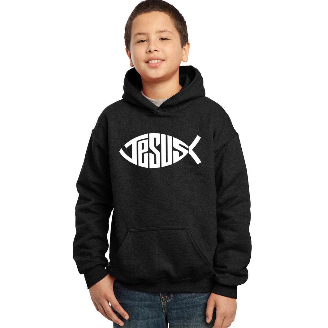 LA Pop Art Boy's Word Art Hooded Sweatshirt - Christian Jesus Name Fish Symbol