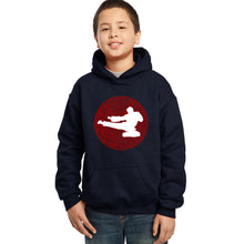 Load image into Gallery viewer, LA Pop Art Boy&#39;s Word Art Hooded Sweatshirt - Types of Martial Arts