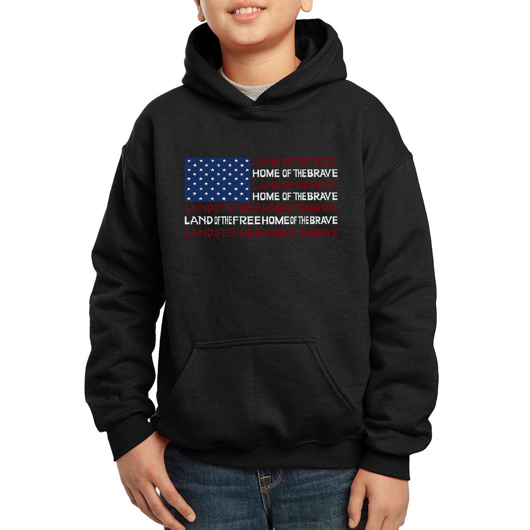 LA Pop Art Boy's Word Art Hooded Sweatshirt - Land of the Free American Flag