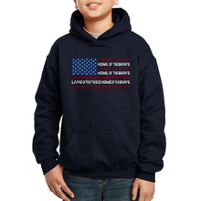 Load image into Gallery viewer, LA Pop Art Boy&#39;s Word Art Hooded Sweatshirt - Land of the Free American Flag