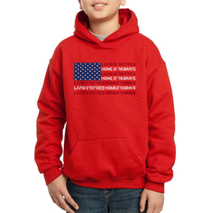LA Pop Art Boy's Word Art Hooded Sweatshirt - Land of the Free American Flag