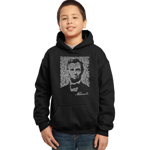 LA Pop Art Boy's Word Art Hooded Sweatshirt - ABRAHAM LINCOLN - GETTYSBURG ADDRESS