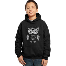 Load image into Gallery viewer, LA Pop Art  Boy&#39;s Word Art Hooded Sweatshirt - Owl