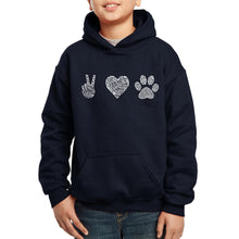 Load image into Gallery viewer, LA Pop Art Boy&#39;s Word Art Hooded Sweatshirt - Peace Love Dogs