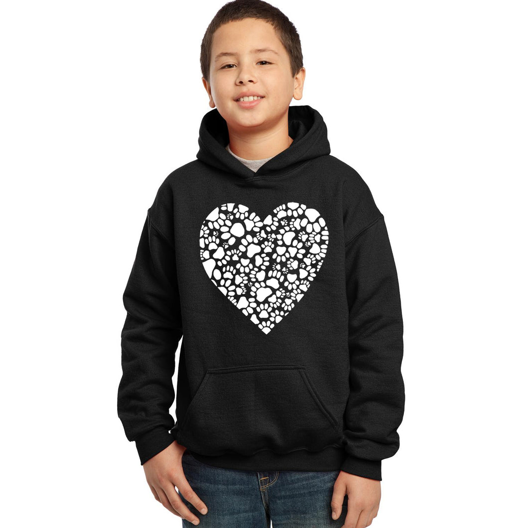 LA Pop Art Boy's Word Art Hooded Sweatshirt - Paw Prints Heart