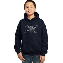 Load image into Gallery viewer, LA Pop Art Boy&#39;s Word Art Hooded Sweatshirt - FAMOUS PIRATE CAPTAINS AND SHIPS