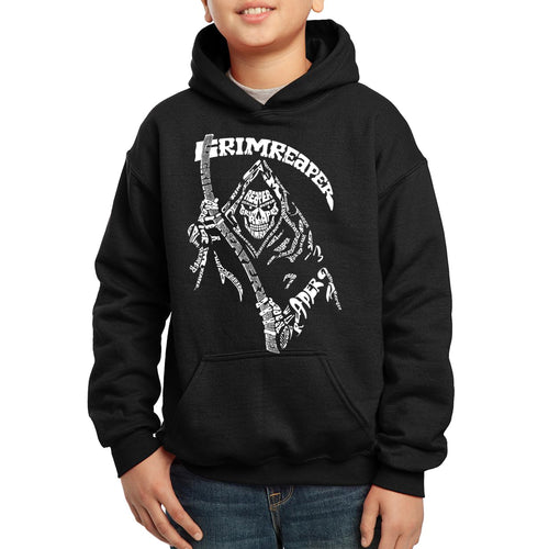 LA Pop Art Boy's Word Art Hooded Sweatshirt - Grim Reaper