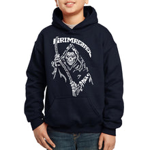 Load image into Gallery viewer, LA Pop Art Boy&#39;s Word Art Hooded Sweatshirt - Grim Reaper