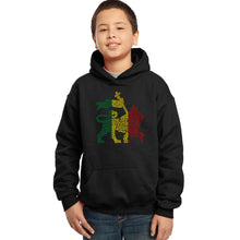 Load image into Gallery viewer, LA Pop Art Boy&#39;s Word Art Hooded Sweatshirt - Rasta Lion - One Love