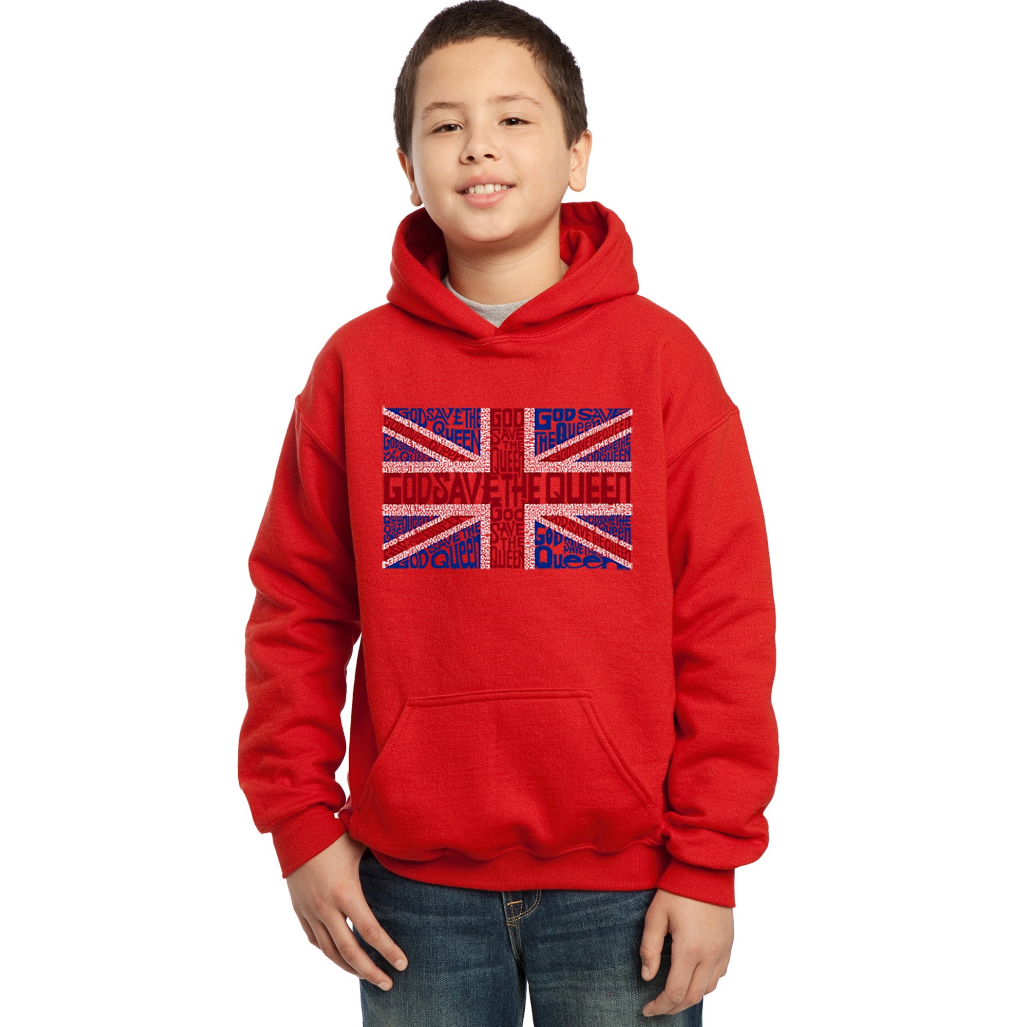 La Pop Art Boy's Word Art Hooded Sweatshirt - God Save The Queen XL / Red