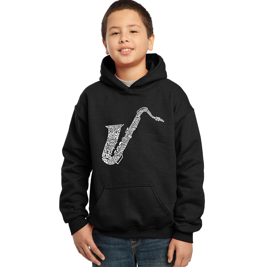 LA Pop Art Boy's Word Art Hooded Sweatshirt - Sax
