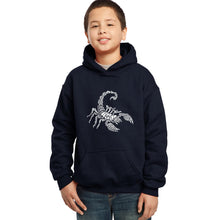 Load image into Gallery viewer, LA Pop Art Boy&#39;s Word Art Hooded Sweatshirt - Types of Scorpions