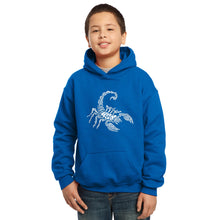 Load image into Gallery viewer, LA Pop Art Boy&#39;s Word Art Hooded Sweatshirt - Types of Scorpions