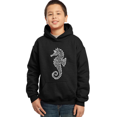 LA Pop Art Boy's Word Art Hooded Sweatshirt - Types of Seahorse