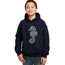 Load image into Gallery viewer, LA Pop Art Boy&#39;s Word Art Hooded Sweatshirt - Types of Seahorse