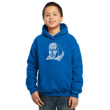 Load image into Gallery viewer, LA Pop Art Boy&#39;s Word Art Hooded Sweatshirt - THE TITLES OF ALL OF WILLIAM SHAKESPEARE&#39;S COMEDIES &amp; TRAGEDIES
