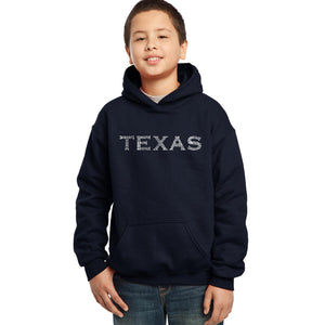 LA Pop Art Boy's Word Art Hooded Sweatshirt - THE GREAT CITIES OF TEXAS