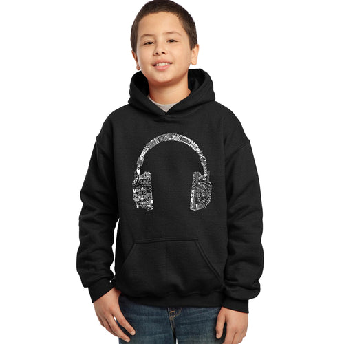 LA Pop Art Boy's Word Art Hooded Sweatshirt - HEADPHONES - LANGUAGES