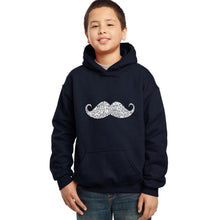 Load image into Gallery viewer, LA Pop Art Boy&#39;s Word Art Hooded Sweatshirt - WAYS TO STYLE A MOUSTACHE