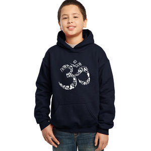 LA Pop Art Boy's Word Art Hooded Sweatshirt - THE OM SYMBOL OUT OF YOGA POSES