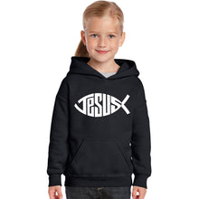 Load image into Gallery viewer, Christian Jesus Name Fish Symbol - Girl&#39;s Word Art Hooded Sweatshirt