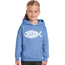 Load image into Gallery viewer, Christian Jesus Name Fish Symbol - Girl&#39;s Word Art Hooded Sweatshirt