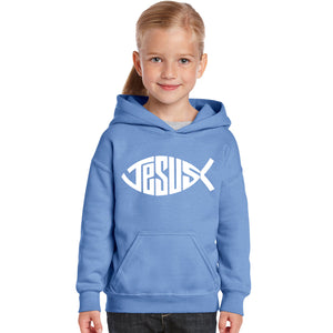 Christian Jesus Name Fish Symbol - Girl's Word Art Hooded Sweatshirt