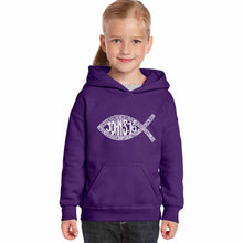 Load image into Gallery viewer, John 3:16 Fish Symbol - Girl&#39;s Word Art Hooded Sweatshirt