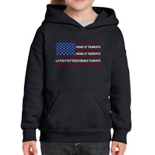 Load image into Gallery viewer, Land of the Free American Flag  - Girl&#39;s Word Art Hooded Sweatshirt