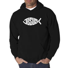 Load image into Gallery viewer, Christian Jesus Name Fish Symbol - Men&#39;s Word Art Hooded Sweatshirt
