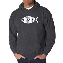Load image into Gallery viewer, Christian Jesus Name Fish Symbol - Men&#39;s Word Art Hooded Sweatshirt