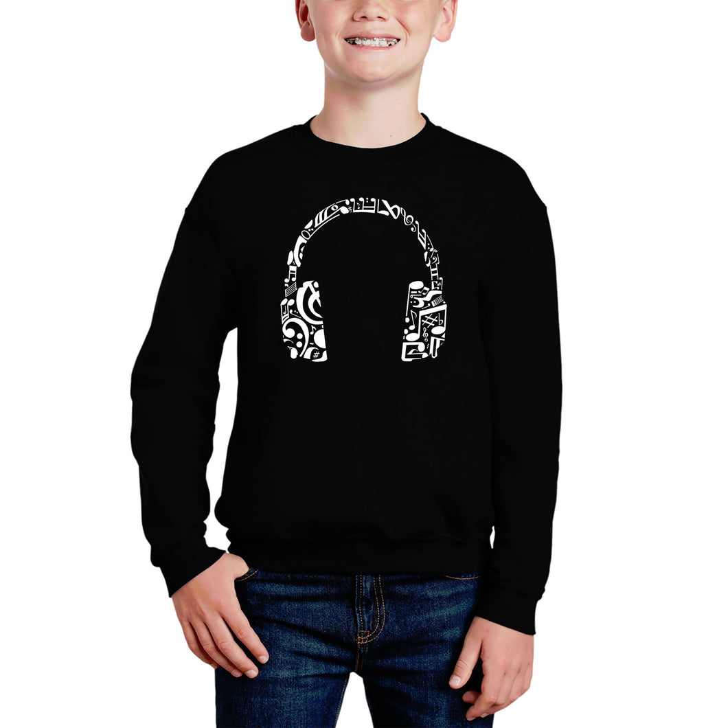 Music Note Headphones - Boy's Word Art Crewneck Sweatshirt