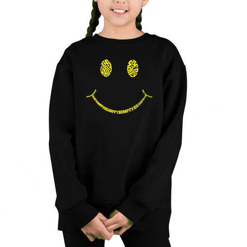 Be Happy Smiley Face - Girl's Word Art Crewneck Sweatshirt