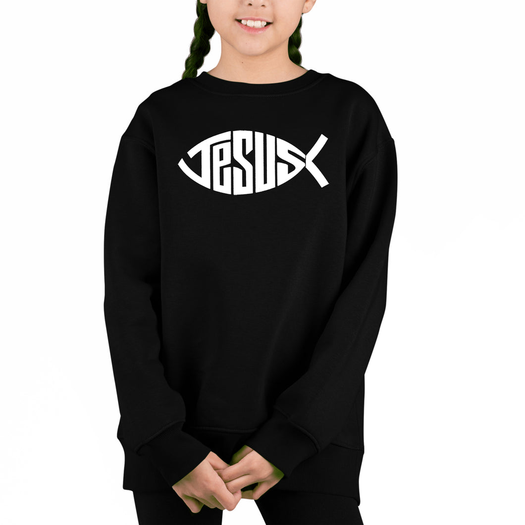 Christian Jesus Name Fish Symbol - Girl's Word Art Crewneck Sweatshirt