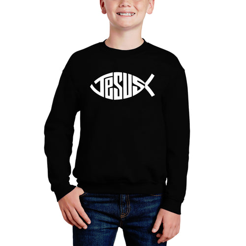 Christian Jesus Name Fish Symbol - Boy's Word Art Crewneck Sweatshirt