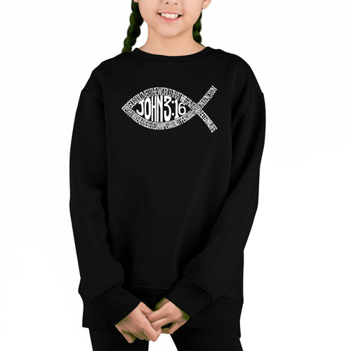 John 3:16 Fish Symbol - Girl's Word Art Crewneck Sweatshirt