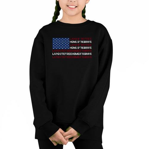 Land Of The Free American Flag - Girl's Word Art Crewneck Sweatshirt