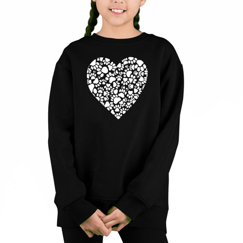 Paw Prints Heart - Girl's Word Art Crewneck Sweatshirt