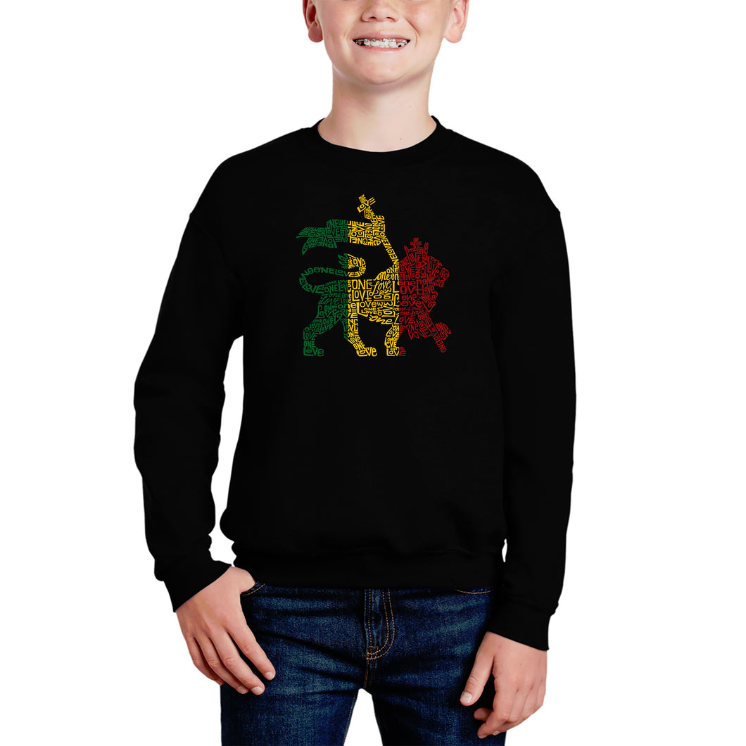 Rasta Lion - One Love - Boy's Word Art Crewneck Sweatshirt