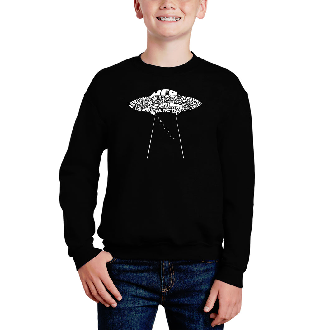 Flying Saucer UFO - Boy's Word Art Crewneck Sweatshirt
